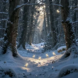 tiny glowing pixies in winter forest, artstation winter landscapes, fantasy, fey creatures