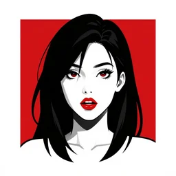 a woman with black hair and a red and white background, vector art by Ilya Kuvshinov, featured on deviantart, shock art, ilya kuvshinov, official art, anime