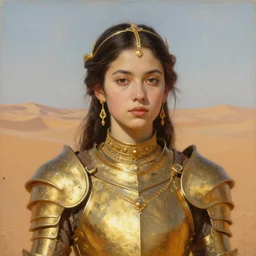 young dejah thoris on mars wearing detailed plate armor made of gold, portrait of face and shoulders, high noon, gold jewelry, elegant small tiara, giant sand dunes to the horizon, fantasy, painterly, oil painting on canvas, by sargent, alphonse mucha, arthur henri, lane brown