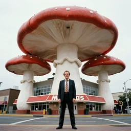Michael Keaton standing in front of big large building Mcdonalds gigantic fungus mushroom, cinematic, wide angle 1981