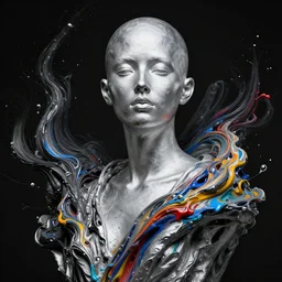bald silver woman portrait, paint swirling around, black and white statue, colorfull paint