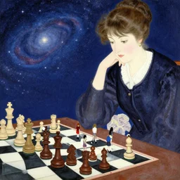 chess set, carmen kass, young girls, very small number of people, mary stevenson cassatt, ukiyo - e, galactic light colors