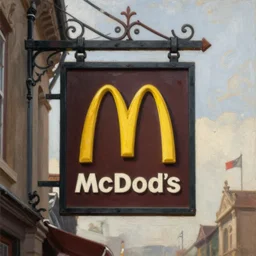 McDonalds logo in medieval times style hanging on a tavern sign, oil painting, highly detailed, Theodore Gericault style, award winning, detailed