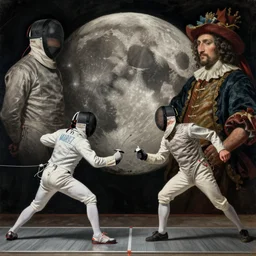 a fencing match on the moon by edgar maxence and caravaggio and michael whelan and delacroix style, artistic, intricate painting, cinematic lighting, hyper realistic, extremely detailed, establishing shot, 8 k resolution, dramatic lighting