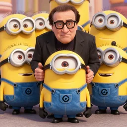 Danny DeVito cast as Gru with his minions, still from Despicable Me 2010, high detail, 8k establishing shot,