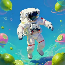 a digital painting of an astronaut!!!!!! floating in a bright colorful alien ocean surrounded by limes!!!!!!, sharp focus, retro futuristic by beeple, wayne barlowe