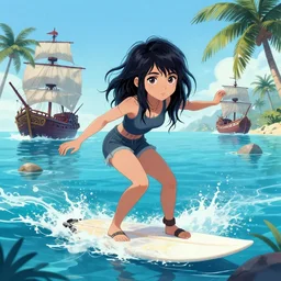 a beautiful round faced emo girl with beautiful eyes surfing in a magical blue lagoon, pirate ships, clear water, palm trees, digital illustration, art by greg rutkowski, intricate, elegant, smooth, amazing detail, concept art, sharp focus