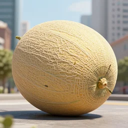 a gigantic canteloupe rolling through a city