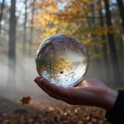 a 3 5 mm lomography long shot photo of wizard hold clear glass fresnel ball in the sunshine autumn forest, falling autumn leaves are reflected in the ball, foggy bottom, god rays, ultrasharp, detailed, cinematic