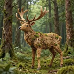 an elk made of small and dense intricate vines, moss, roots, and tree branches standing in a lush forest, wicker artwork, ultra - detailed, 3 d render