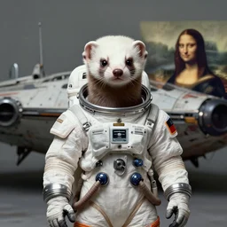 biblical Ermine wearing a spacesuit in front of their spaceship, second coming, centered, portrait by Greg Hildebrandt, studio lighting, muted colors, by Terry Richardson, by Leonardo DaVinci, by Beeple, ultrarelistic, extreme detail, caustics, trending on Artstation, 8K, octane renderer, rtx on