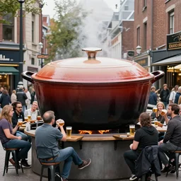 a huge dutch oven in the city. the dutch oven has people drinking beer in front of it