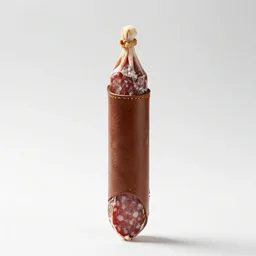 leather-bound salami, professional product shot, isolated on a pure white background, centered, entire object in frame, sharp focus, soft studio lighting
