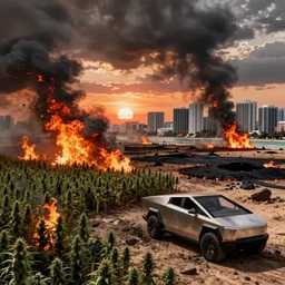 unreal engine fallout far cry style weed plantation burning natural disasters post apocalyptic adrenaline anger oil black tar landscape wasteland miami desert fire craters miami beach sunset fucked up landscape dead cybertruck