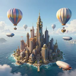 endless flying steampunk city in the sky with air balloons and airships and dirigibles flying above the ocean