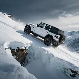 white jeep wrangler driving up snow covered mountain on edge of a cornice, dramatic lighting, cinematic, photo realism