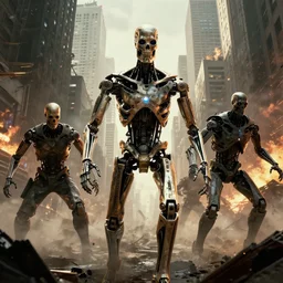 the terminators attacking a post - apocalyptic new york city in the year 2 0 5 4 ( cinematic scene, extraordinarily detailed, good quality, illustration, uhd, 8 k, ultra lighting, hollyhood movie shot, photo - realistic, intense shot, ultra realistic terminators )