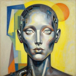 a portrait headshot of sci fi metallic human, bright eyes, melancholic complex geometric figure liminal biomachinery by oskar schlemmer, moebius, john berkey, film grain, oil on canvas, portrait facial head, featured on artstation, hd wallpaper, 8 k, bright colors, global radiant light