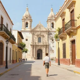 i walk in the immaculately preserved 1 6 th - century city of cartagena, colombia. volumetric lighting, spring, midday, clear weather, realistic illustration, perfectly shaded, soft painting, art by krenz cushart and wenjun lin