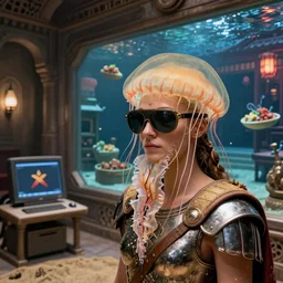 closeup view of a polish female jellyfish sand human hybrid wearing roman armor and visor shades, inside of a dimly lit ancient Roman villa with a soviet computer console and a semi-transparent wall displaying an exterior view of a Chinese restaurant interior that is underwater with floating food trays, ektachrome photograph, volumetric lighting, 24mm f8 aperture