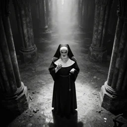 A nun bathed in holy light, in a dusty cathedral. Aerial View, Dark Fantasy, Film Noir, Black and White. High Contrast, Mike Mignola, D&D, OSR