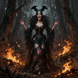 full body shot, malevolent witch facing front laughing maniacally, smoke hair, crow helmet, floral dress, dead forest on fire, fantasy, intricate, photorealistic, elegant, stylish, highly detailed, digital painting, artstation, concept art, smooth, sharp focus, illustration, art by artgerm and greg rutkowski and terese nielsen
