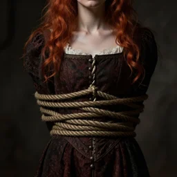 tyler edlin, dark portrait, death ultra red head woman in medieval dress, strangled with rope, not face, victorian style, high detail