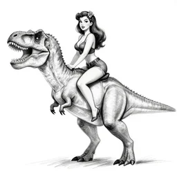 a pencil sketch of a pinup girl riding a tyrannosaurus rex, white background, black and white