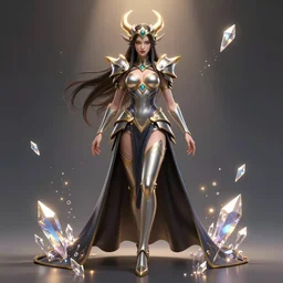 a beautiful female god character from hades game, full pose, character is standing, centered, rim lights, highly detailed professional illustration, dynamic lights, particles and crystals are flying, trending on artstation, illustration, 4k
