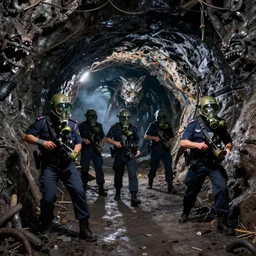 police in gas masks in dark Russian tunnels hunting monster