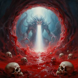 a realistic painting of a lovecraft cthulhu creature inside a singular portal hell gate, shining its light across a tumultuous sea of red fluids and skulls by zdzisław beksinski and h. r. giger, translucent, photorealistic, hyperrealism, high resolution, ultra - detailed, trending on artstation
