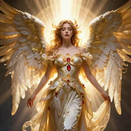 a beautiful orchid phoenix angel woman, in an ornamented dress with large wings, volumetric light, god rays, 8 k high resolution, rubies, by greg rutkowski, artgerm, alphonse mucha