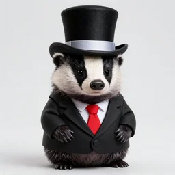 badger wearing black tuxedo, red tie and a black tophat with a white stripe