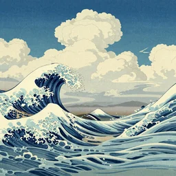 clouds and waves, An aesthetically pleasing, dynamic, energetic, lively, well-designed digital art of a beach, ripples, waves, sea foam, light and shadow, overlaid with aizome patterns, Shin-hanga by Thomas Kinkade, traditional Japanese colors, superior quality, masterpiece