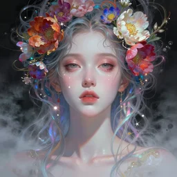 mila kunas portrait by ruan jia and miho hirano, colorful and vibrant, majestic, open wide eyes, tear drops, flowers on hair, glowing light orbs, intricate concept art, elegant, digital painting, smooth, sharp focus, ethereal opalescent mist, outrun, vaporware, cyberpunk darksynth, ethereal, ominous, misty, 8 k, rendered in octane