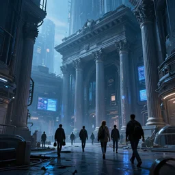 travelers walking through the remnants of a dystopian city, classical architecture, technological lights, screens, cyberpunk style, 8 k resolution, by hugh ferris and john smith, polished, fine detail, intricate, blue color scheme, cyberpunk style, smooth, octane, concept art, trending on artstation