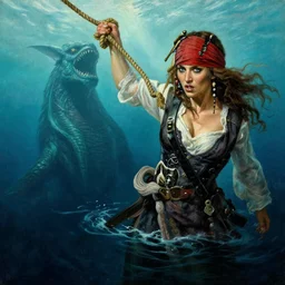 oil painting, a woman holding a rope fighting for her life above the water, a scene from pirates of the caribbean, norwegian sea monster draugen beneath the water, greg rutkowski and ilya kuvshinov, masterpiece illustration, ultrarealistic, perfect face and anatomy, golden ratio