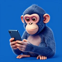 lithographic poster of a mischievous monkey holding a / mobile phone /, blue and yellow, advertising art, pop art, roy lichtenstein