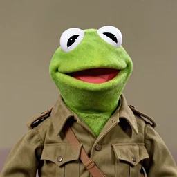 muppet kermit the frog, grainy 1940’s WWII military portrait of an anthropomorphic frog muppet dressed like a soldier, professional portrait HD, frog, frog head, authentic, Kermit, muppet