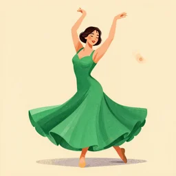 illustration of a 💃, wearing a green 👗, by mandy jurgens