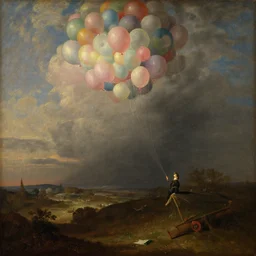 painting of mysterious landscape with balloons in the sky  by George Stubbs, zdzisław beksiński, renaissance painting, oil painting, old master