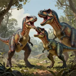 Very detailed digital painting of a spinosaurus fighting with a t rex