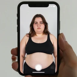 a reflection of an obese women in a phone screen, black mirror, 8 k