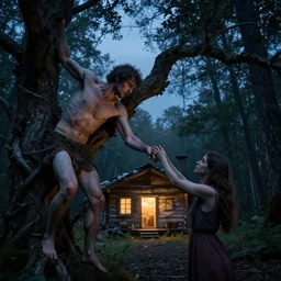 photograph portrait of the creation of adam, a twisted tree's branches strangle a man and a woman reaching toward each other in front of a glowing rundown log cabin at night, closeup, overcast skies, dark blue tones, in a deep dark forest, nightmare, highly detailed, sigma 8 5 mm f / 1. 4, 1 5 mm, 3 5 mm, raw, 8 k, high resolution
