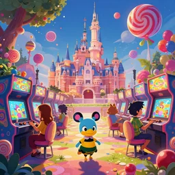 photo of arcade hall whimsical fairy wonderland vibrant colors candyland wonderland by artgerm and greg rutkowski and magali villeneuv art beeple, by thomas kinkade hearstone league of legends dofus beatrix potter