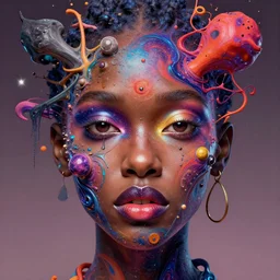 beautiful 🦹🏿♀🌌 face, bizarre, chaotic, vivid, hyper detailed, digital art, in the style of james jean, victo ngai, e. a. seguy patterns, experimental abstract art, dadaist, avant - garde, mixed media collage, bizarre, vibrant, psycho, warm colors