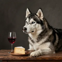 still life of a husky with a glass of wine and cheese by rembrandt, masterpiece, detailed, epic