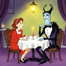 awkward or cute date night, illustrated by edward gorey, lagerstedt, tim burton