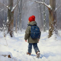 A kid with a backpack and a red beanie walking in a snowy forest on his way to school, oil painting by Frank Frazetta, digital art, WLOP, artstation, Mandy Jurgens