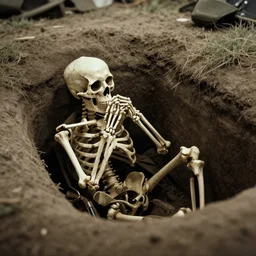 tilt shift wwi skeleton pondering over a dug out trench, dramatic light, zdzidaw, ultrafine, hyperrealistic, vintage, retro, 3 5 mm film still, movie
